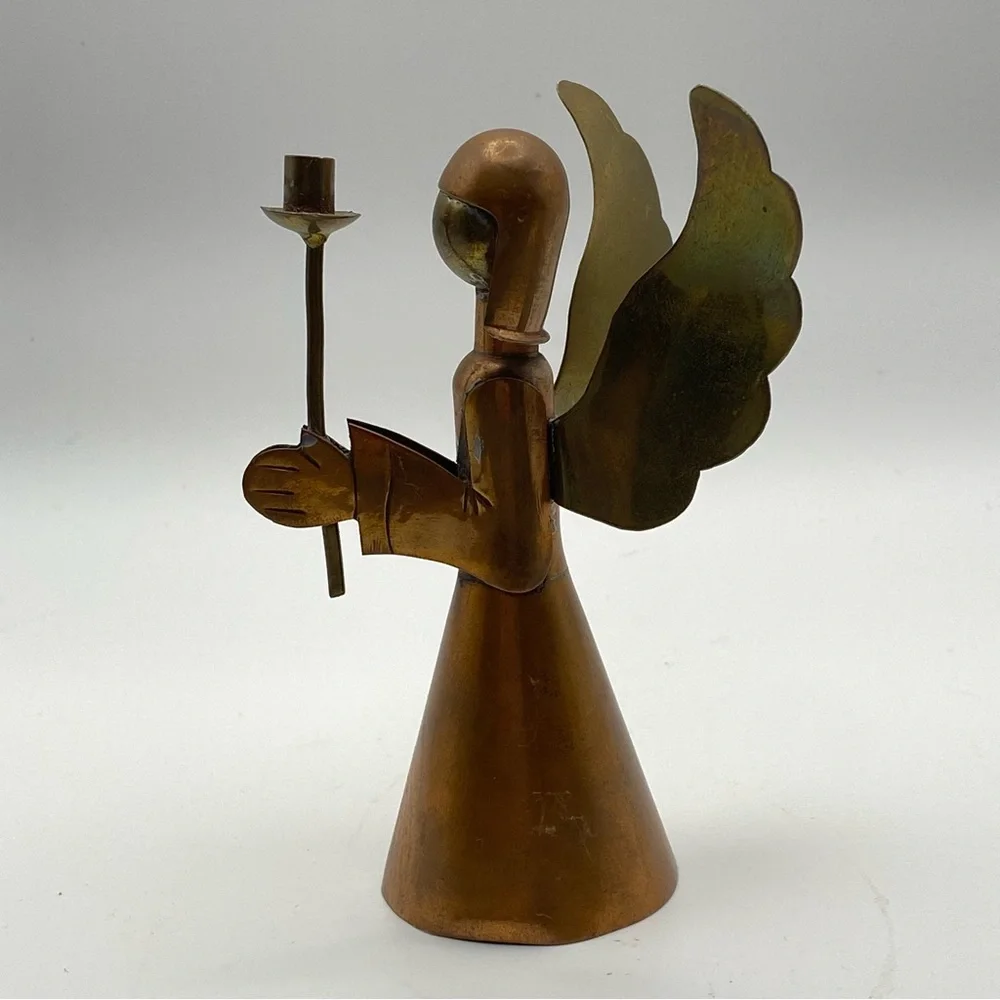 Copper & Brass Angel 4.25” Made in Mexico Stamped MCM Christmas Folk Art Rustic